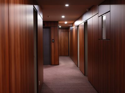 Empty dark interior of the modern Hotel corridor, with wood-paneled walls, elegant carpets